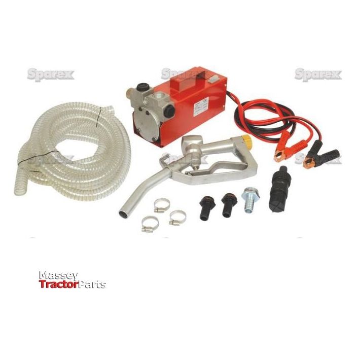 Introducing the Fuel Transfer Pump 12/24V - S.18914 from Sparex: a red electric motor pump kit complete with hoses, metal fittings, clamps, and jumper cables. This diesel transfer pump is ideal for your Massey Tractor Parts and fits perfectly with your Sparex needs!