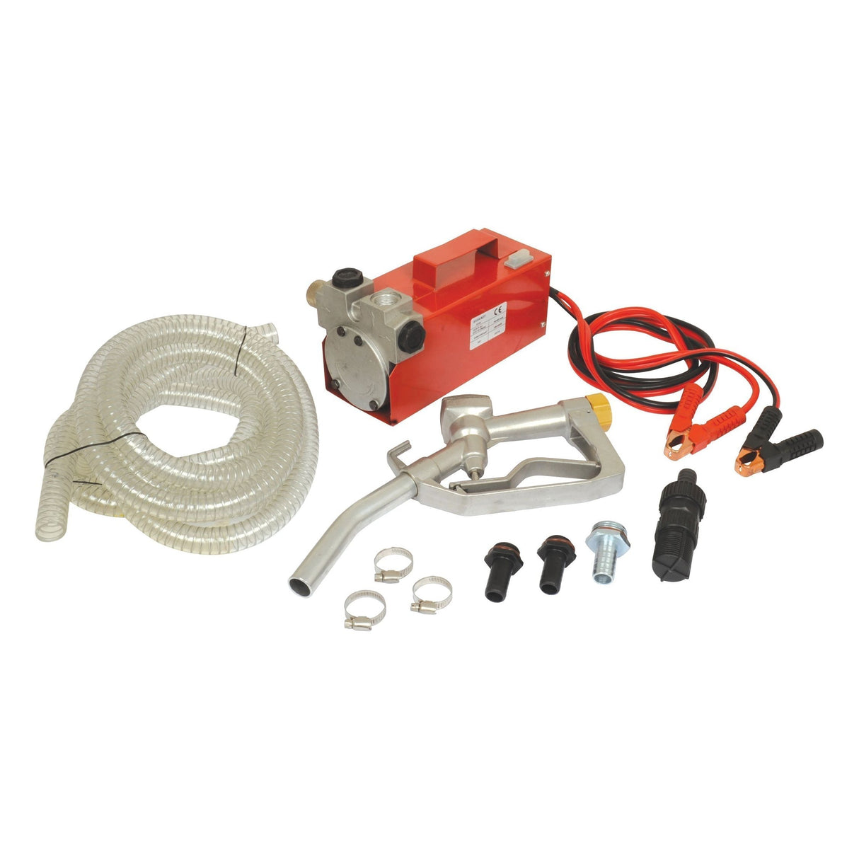 The Sparex Fuel Transfer Pump 12/24V - S.18914 features a red electric pump, clear hose, metal nozzle, and an assortment of connectors and clamps. It also includes built-in battery clamps for easy operation, ensuring reliable fuel transfer with an efficient flow rate.