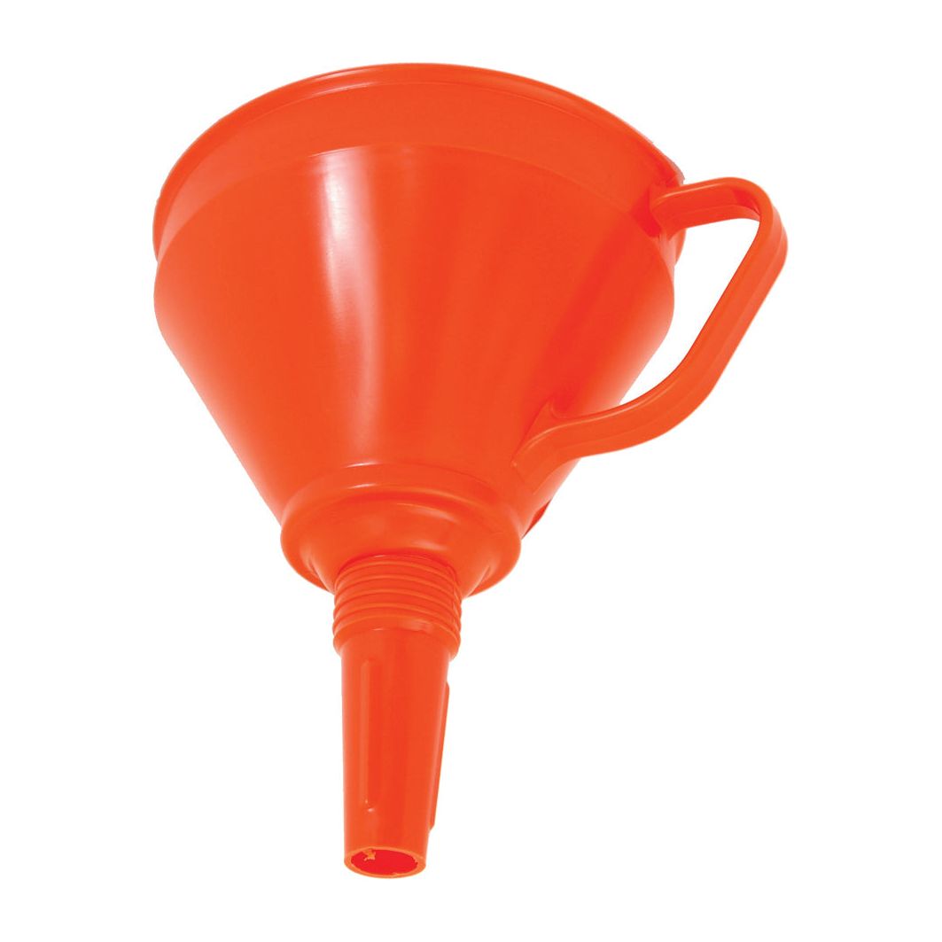 The FUNNEL WITH STRAINER 160MM - S.30155 by Sparex is a bright orange plastic funnel with a handle, featuring a wide top opening and a narrow spout, suitable for precise pouring.