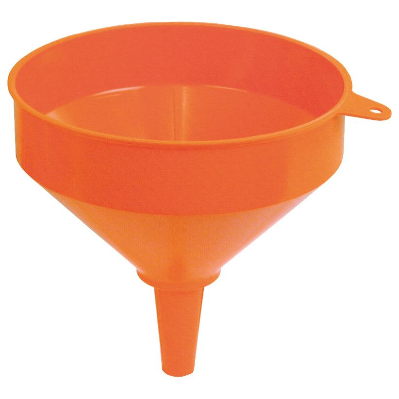 The Sparex FUNNEL-250MM DIA - S.30157, an orange plastic funnel with a wide top opening and a narrow spout, features a small handle on the upper edge and showcases precise specifications in its design.