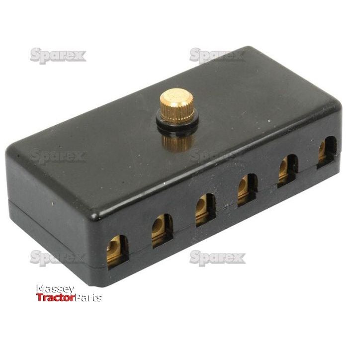 Black, rectangular Screw Terminal Fuse Box with a single gold-colored knob on top and six fuse slots on one side. The object has "Sparex Part No. S.5069" and "Massey Tractor Parts" text on it and is branded by Sparex.