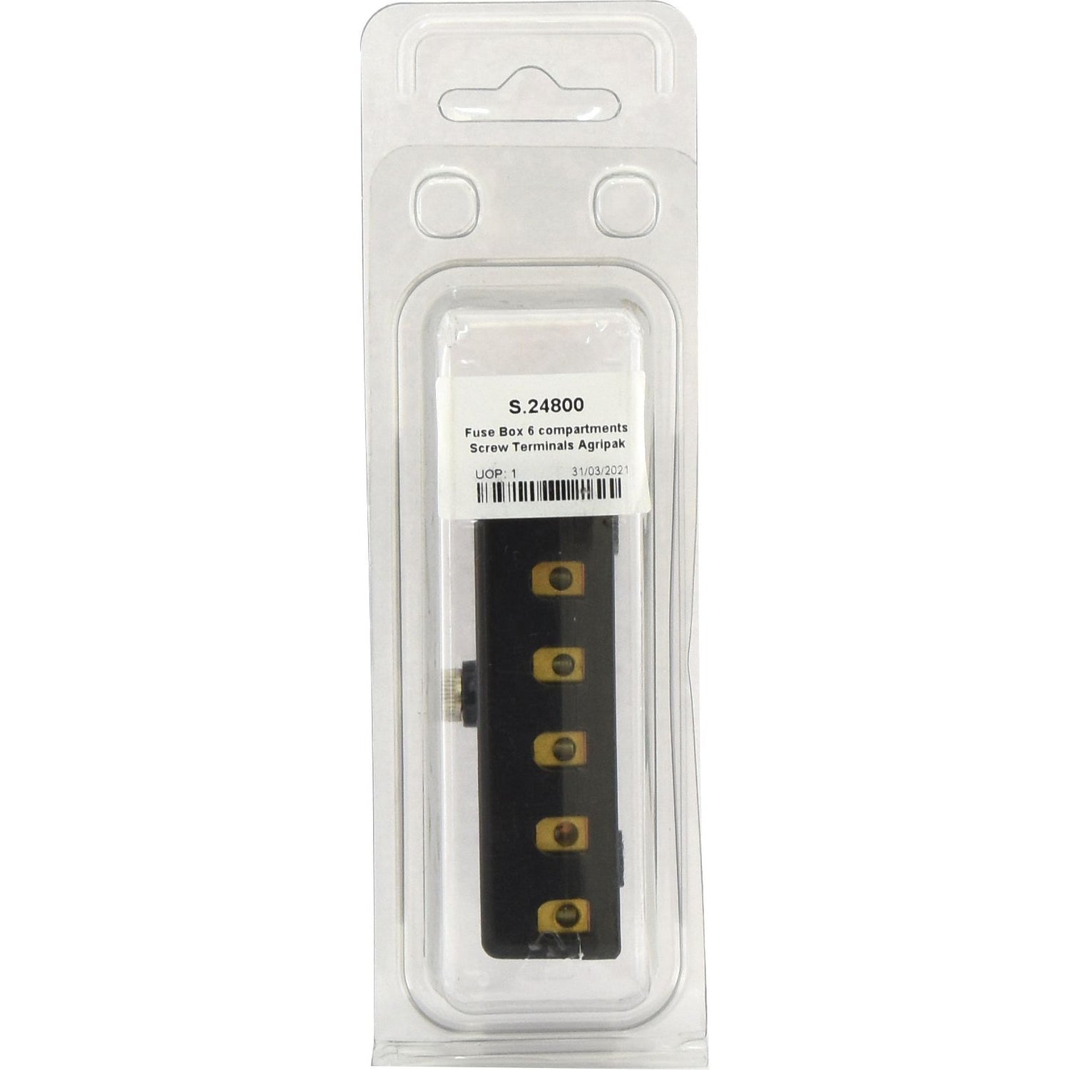 A Screw Terminal Fuse Box 6 Fuse (Agripak 1 pc.) by Sparex, Part No. S.24800, is displayed. The label reads "S.24800 Fuse Box 6 compartments Screw Terminals Agri-pack".