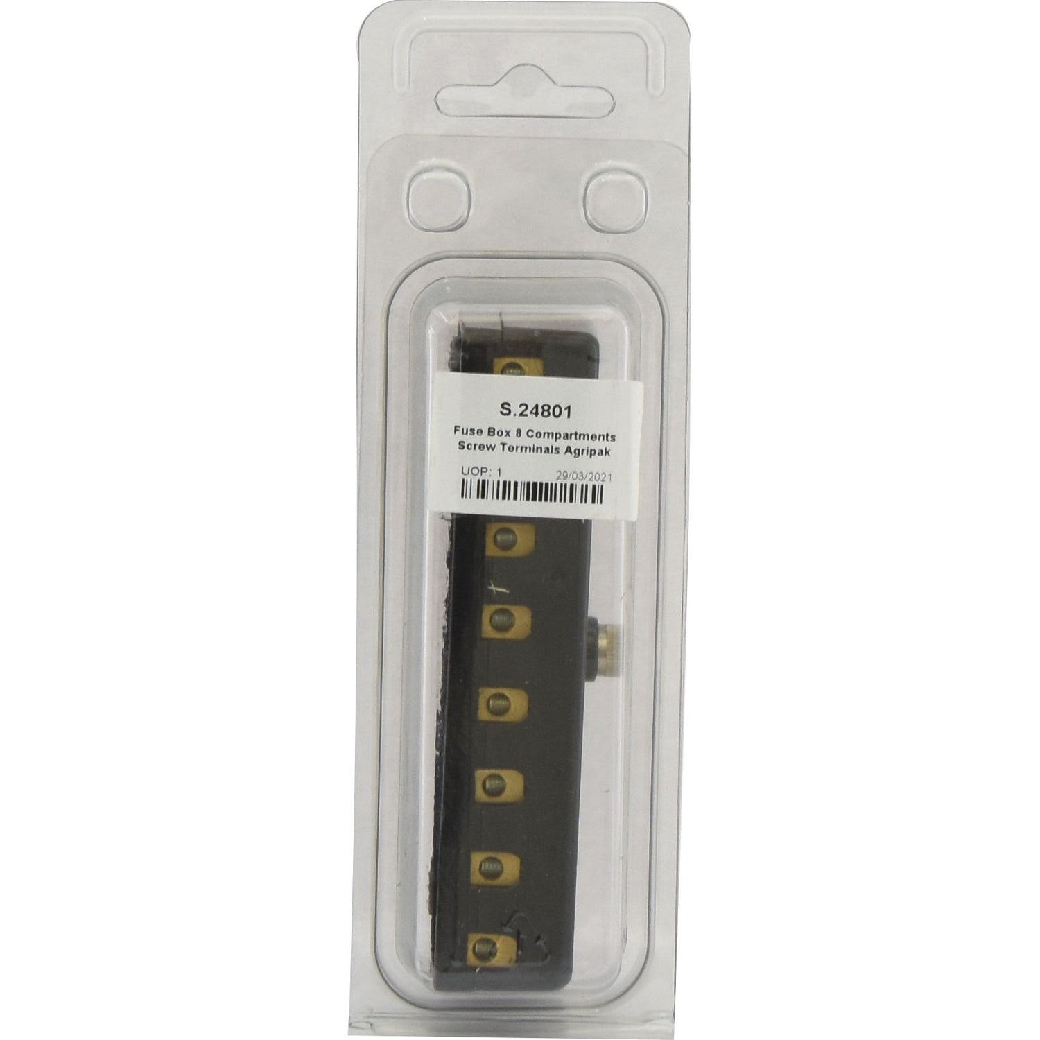 A Screw Terminal Fuse Box with 8 compartments from Sparex (Agripak 1 pc., Part No. S.24801) is shown. There is a label on the packaging with text that reads "8 Fuse Box Screw Terminals 45ppx4".