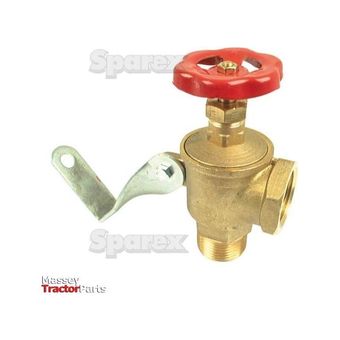 A lockable brass gate valve with a red handle and an attached mounting bracket, labeled "Massey Tractor Parts" and "Sparex," specifically the GATE VALVE-1''BSP LOCKABLE 90 with Sparex Part No. S.18498.