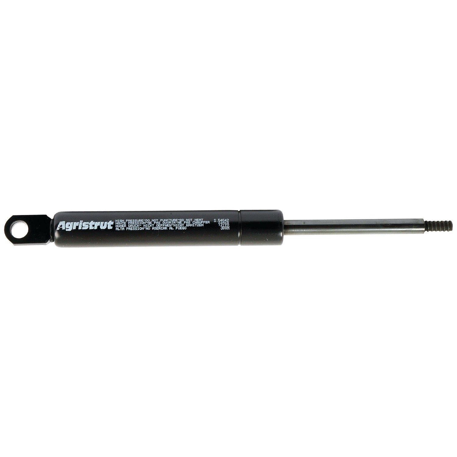 A black Sparex Gas Strut, S.54542, with a total length of 200mm, featuring a cylindrical body and an extending rod, designed with a mounting hole at one end to handle significant pressure.