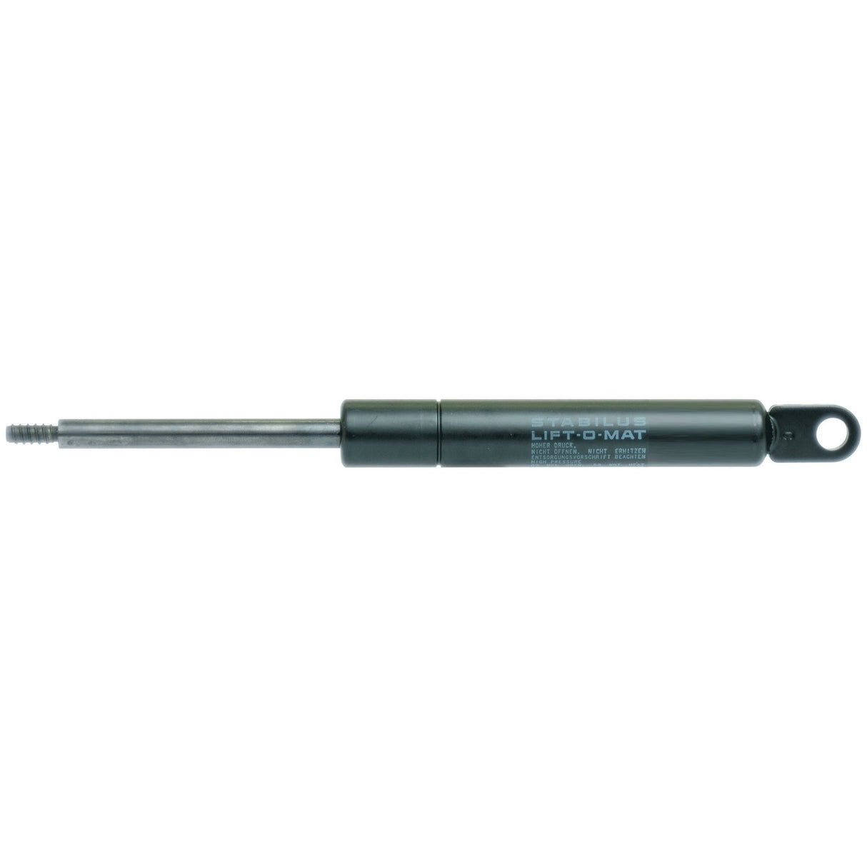 A gas strut with a black and metallic finish, labeled "Gas Strut, Total length: 210mm - S.19837," from the brand Sparex, featuring a piston rod with an impressive ram stroke protruding from one end and an attachment loop on the other.