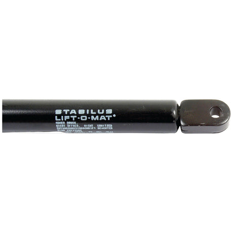 Close-up of a black Sparex gas strut, Total length: 270mm - S.19441, with product details printed in white on the cylinder. The end features a mounting bracket with a circular hole, ideal as a high-quality part for your equipment.