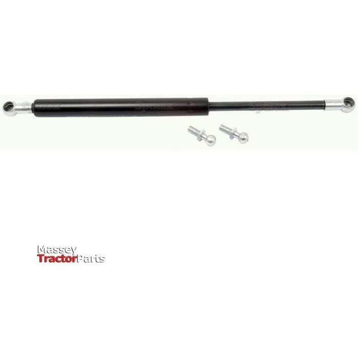 A 500mm hydraulic gas strut (S.54544) from Sparex, with a black central cylinder and silver rod ends, featuring end fittings and accompanied by two mounting brackets. Text reads "Massey Tractor Parts.