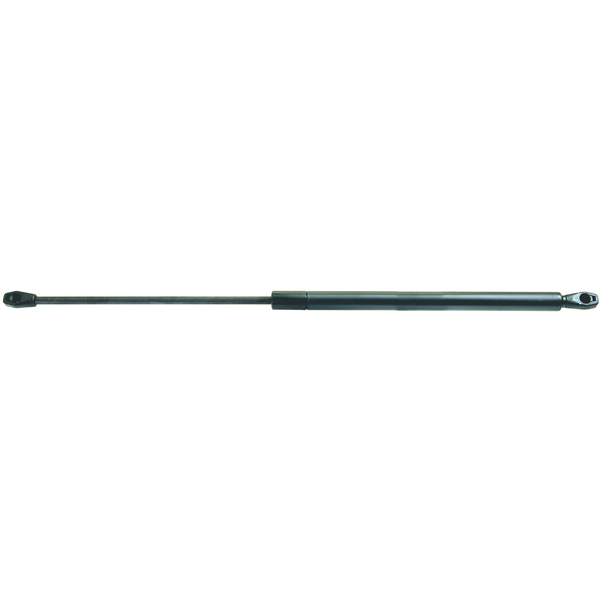 The Sparex S.19446 Gas Strut, featuring a black metal rod and cylindrical body on a white background, is equipped with mounting hardware at both ends and offers a ram stroke of 220 mm, with a total length of 525 mm.
