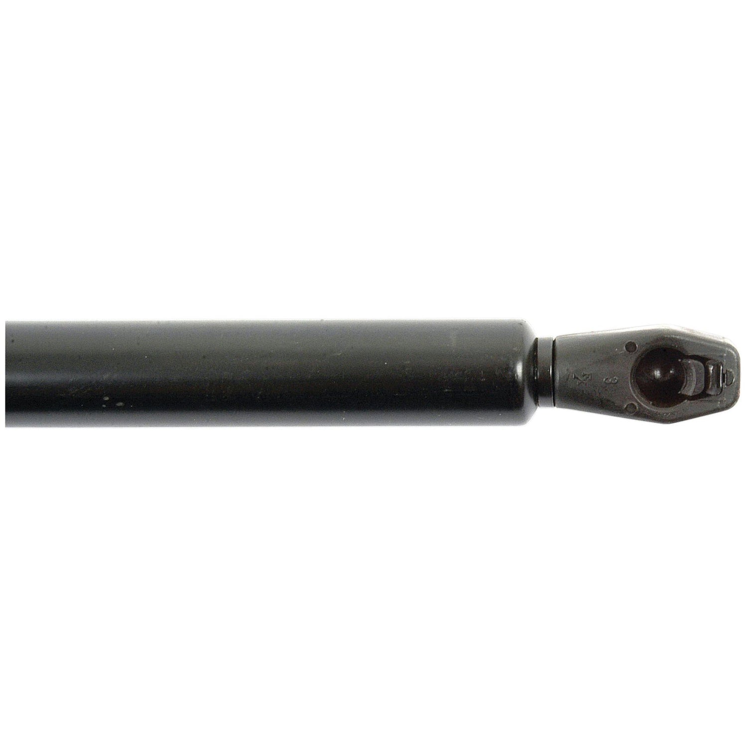 Close-up of the Sparex Gas Strut, a black metal cylindrical component with a tapered end featuring a small circular opening. This gas strut, model S.19415, boasts a total length of 735mm and is compatible with John Deere machinery or assemblies.