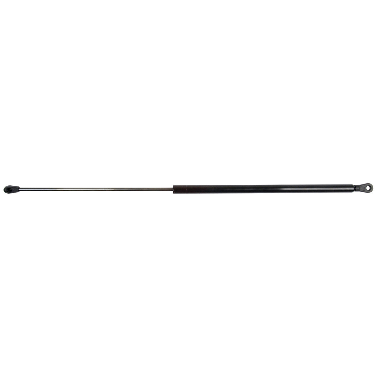 A Sparex Gas Strut (S.19798) in black, featuring a 320mm ram stroke, cylindrical body, extended piston rod, and mounting hardware on both ends, is displayed against a white background. The total length of the strut is 740mm.