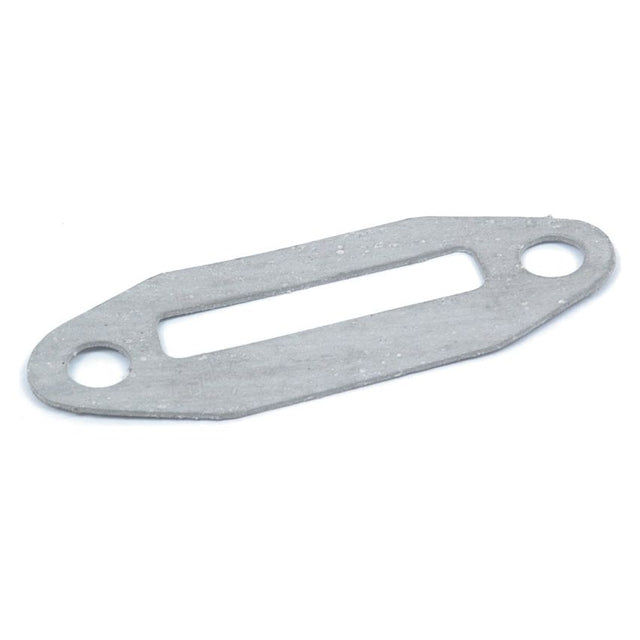 Gasket By-Pass Outlet | Sparex Part No.S.42967, a rectangular piece of metal featuring a cutout and two circular holes on either end, is compatible with Massey Ferguson tractors.