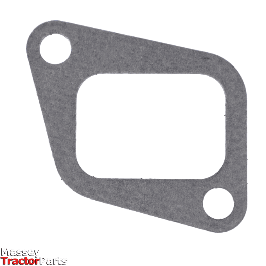 The image features a rectangular metallic gasket with rounded edges and two large circular holes on adjacent corners. Labeled "AGCO" in the lower left corner, this component, known as the Massey Ferguson - Gasket Exhaust Manifold - 3640556M1, is essential for Massey Ferguson tractor parts.