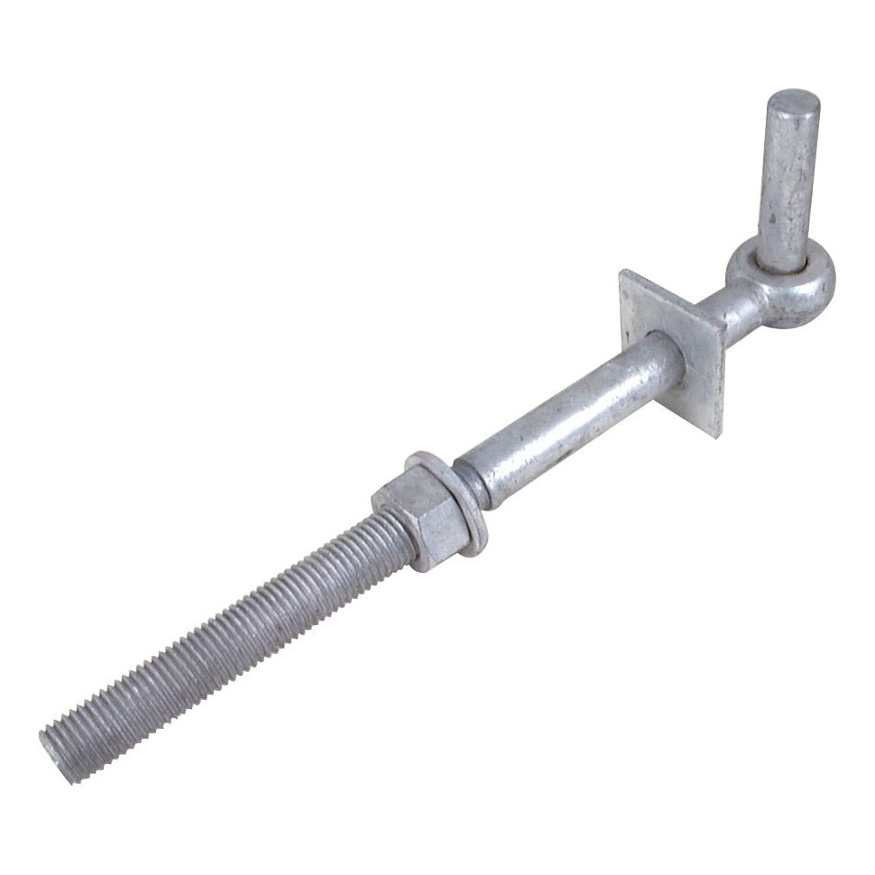 The Gate Hanger - Round Bolt on from Sparex, featuring a 19mm diameter pin and measuring 330mm in length, is a galvanised metal hinge bolt with a threaded rod secured by a nut and a square plate, and includes a cylindrical pivot at one end.