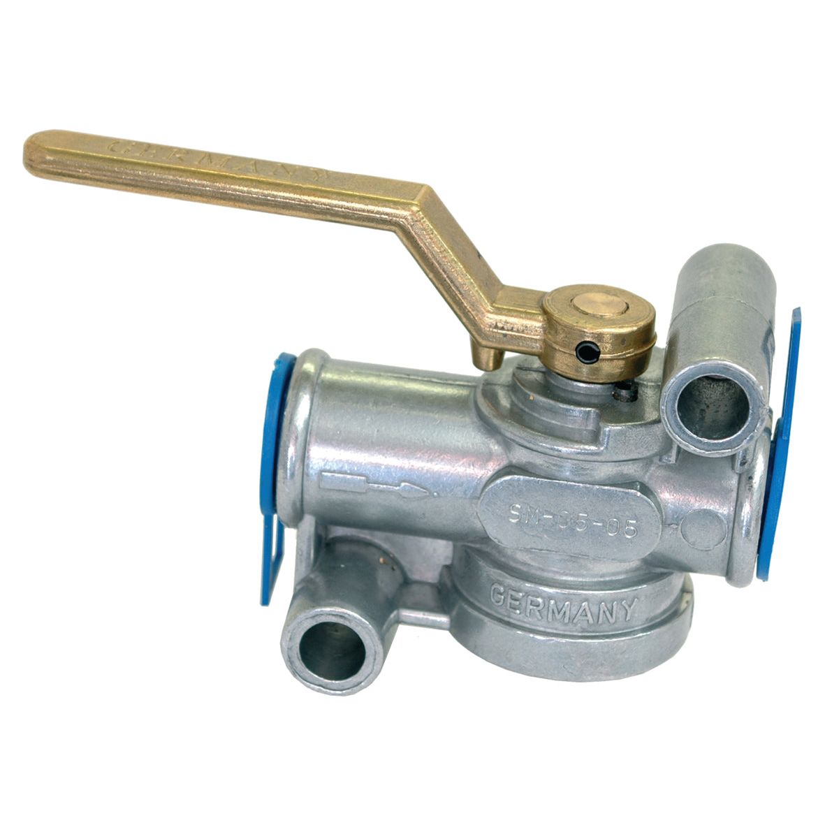 The Gate Valve Air Brake by Sparex, with a brass lever handle and blue accents, adheres to M22 x 1.5mm product specifications and is labeled "Germany" (Sparex Part No. S.35729).