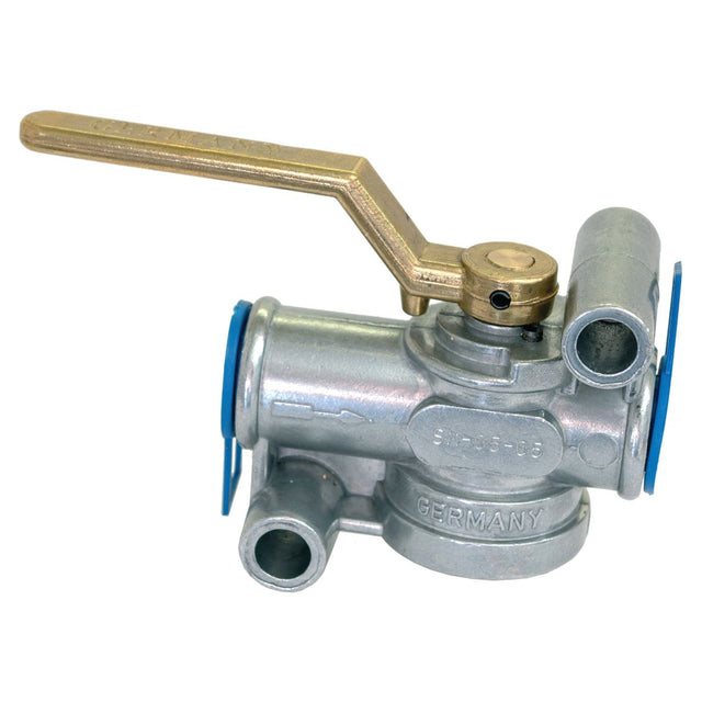 The Gate Valve Air Brake by Sparex, with a brass lever handle and blue accents, adheres to M22 x 1.5mm product specifications and is labeled "Germany" (Sparex Part No. S.35729).