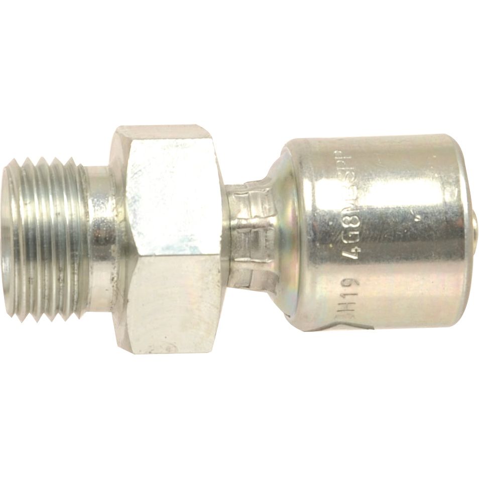 The Sparex Gates BSP Hose Insert 3/4'' x 3/4'' Male Straight - S.116113 is a metal pipe fitting featuring a threaded BSP male end on the left and a hexagonal nut in the middle, and it is compatible with Gates MegaCrimp hose fittings.