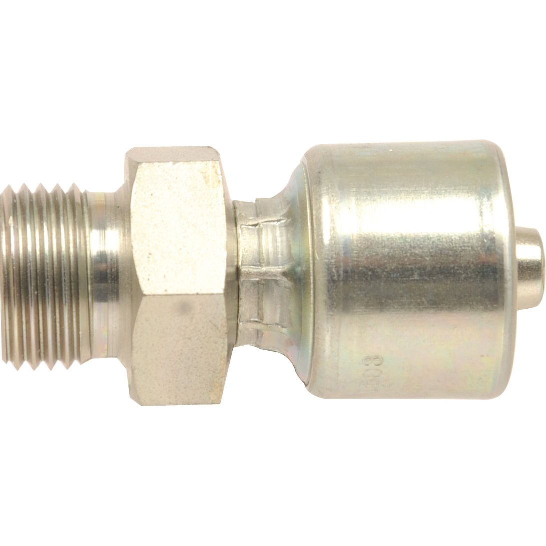 Close-up image of a metallic Gates BSP Hose Insert 5/8'' x 5/8'' Male Straight (S.116111) quick connect fitting with a threaded BSP end and a smooth cylindrical end from Sparex.