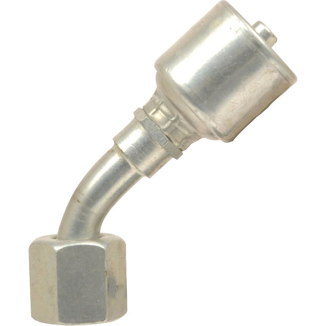 A metal pipe fitting featuring a 135-degree bend, a 9/16-inch female end, and designed for use with Gates MegaCrimp® fittings for a 1/4" hose inner diameter, ideal as the Gates JIC 37° Hose Insert 1/4'' x 9/16'''' Female Swept Swivel by Sparex (Product Code: S.116212).
