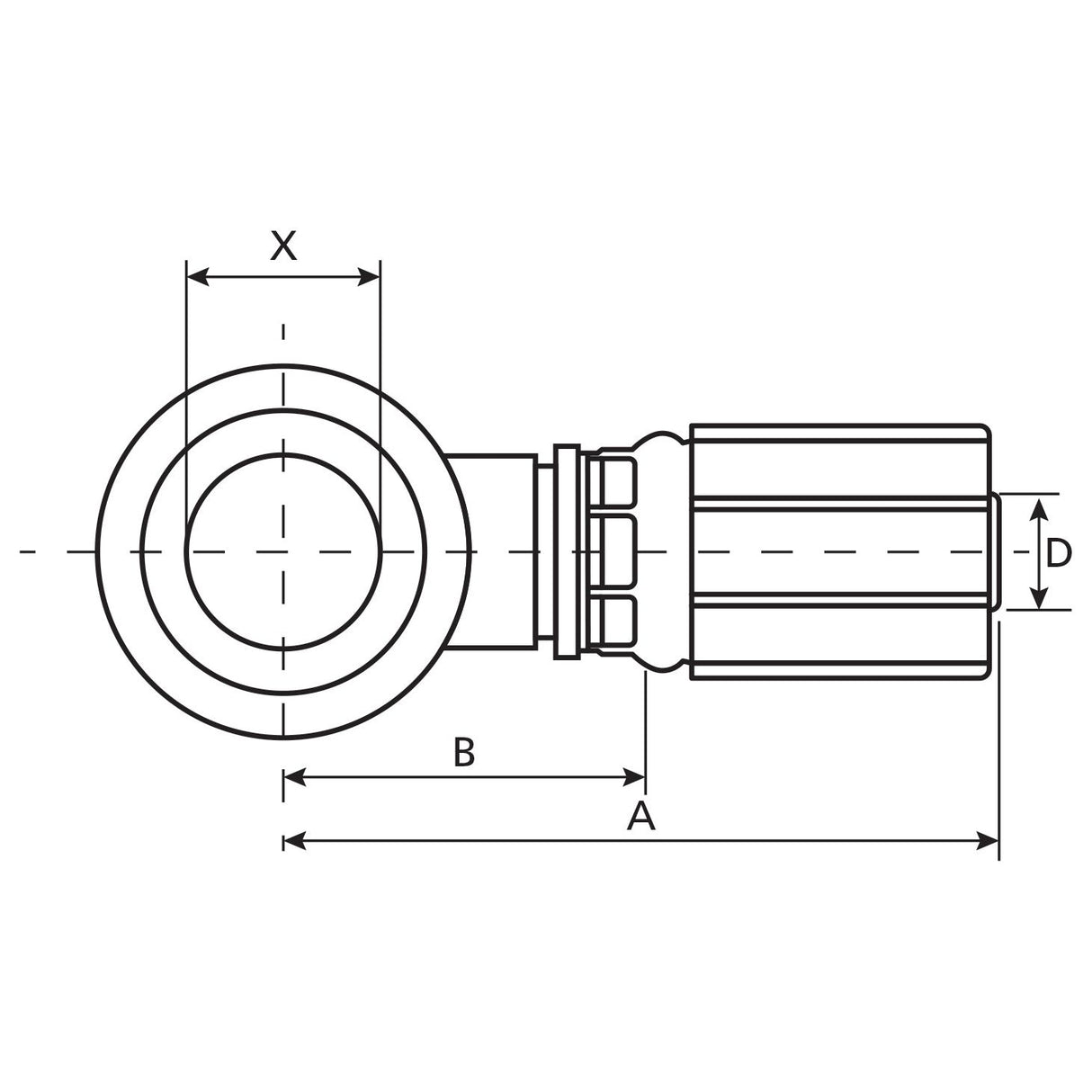 Technical drawing of a mechanical component with defined measurements labeled as A, B, D, and X. The component features a circular section on one end and a cylindrical section on the other end, tailored specifically for MegaCrimp® fittings. This specific design is applied to the Gates Metric Banjo Bolt 3/8'' x M18 - S.116440 from Sparex.