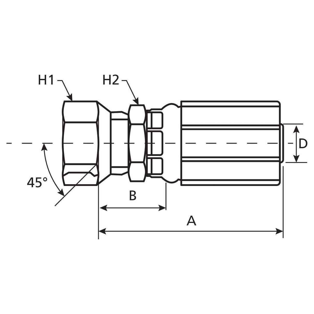 Technical drawing of a Sparex Gates SAE 45° 3/8'' x 5/8'''' Straight Swivel - S.116450 mechanical fitting with labeled dimensions: H1, H2, A, B, D, and a 45° angle.