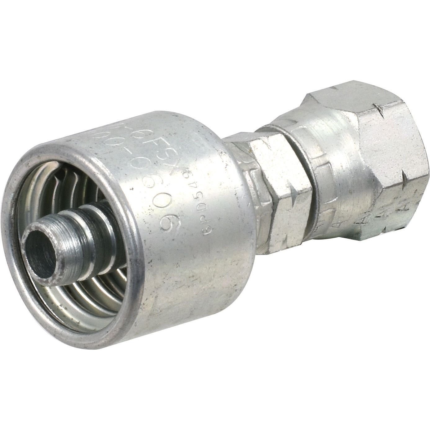 Close-up of a Sparex Gates SAE 45° 3/8'' x 5/8'' straight swivel hydraulic fitting, identified by S.116450, featuring a hexagonal nut and ridged cylindrical opening.