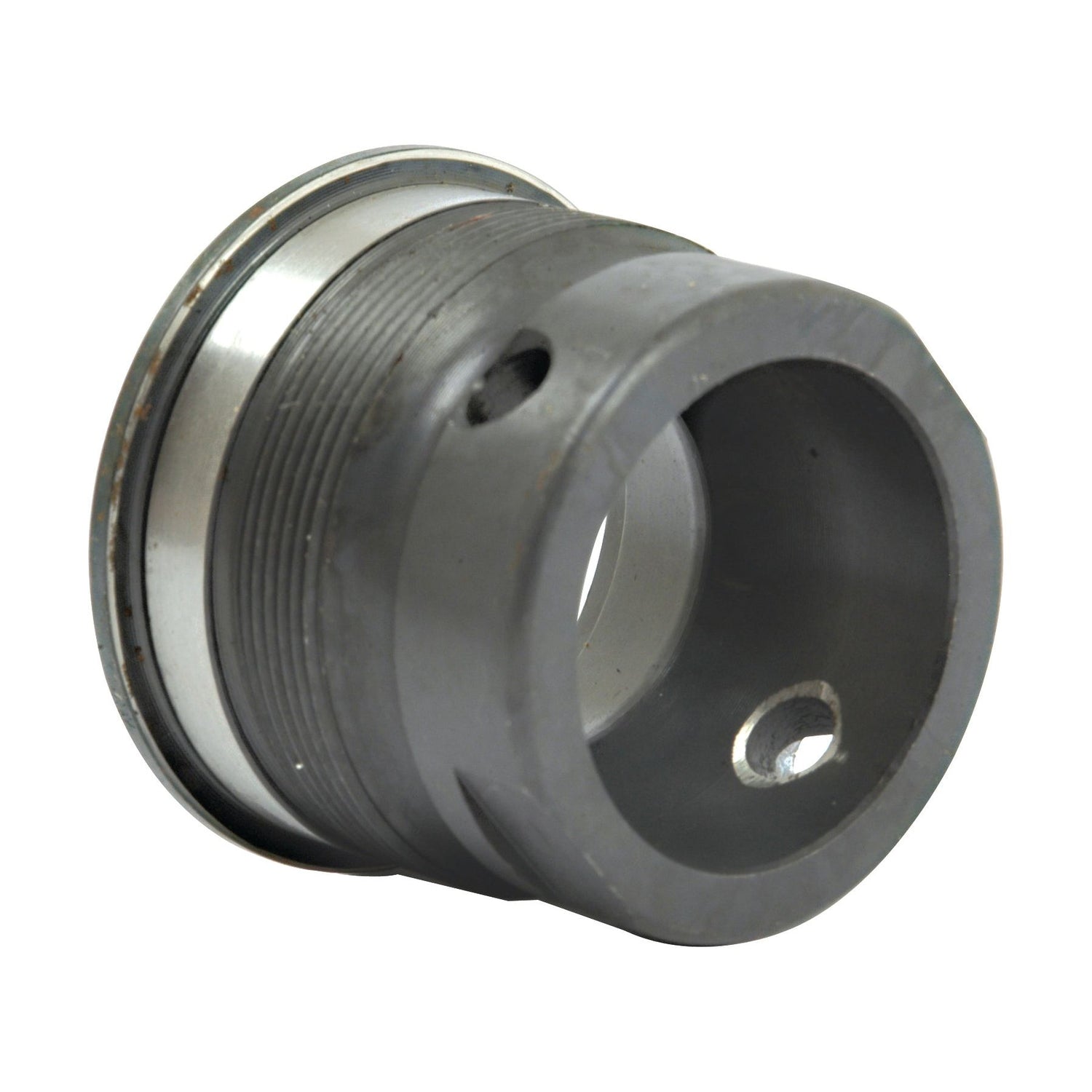 Gray cylindrical metal mechanical part with threading, a hole on the side, and perfect fit for Massey Ferguson applications - Gear Lever Cup (Sparex Part No. S.42313) from Sparex.