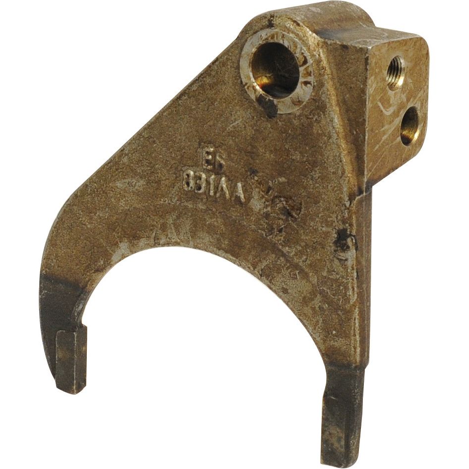 A metal component with a hook-shaped end and several holes, featuring two cylindrical openings and engraved markings, commonly used as a Selector Fork in Ford/New Holland machinery. This product is known as the Selector Fork (Sparex Part No. S.65339) from Sparex.