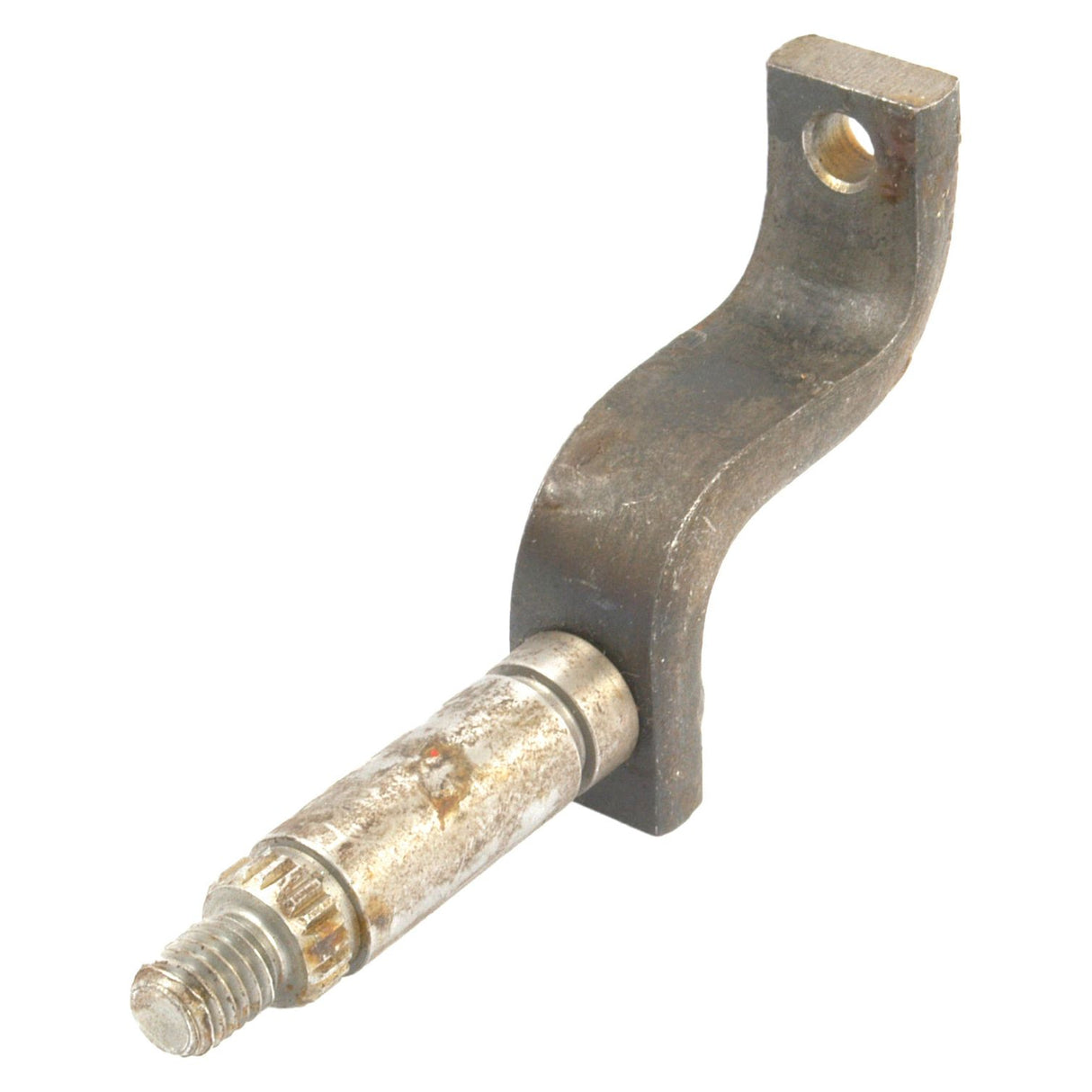 The Gear Selector Shaft, Sparex Part No. S.57324, is a metal machine component featuring a cylindrical shaft on one end and a flat, L-shaped bracket with a hole on the other end. It is commonly used in rear assemblies for International Harvester or Case IH machinery.