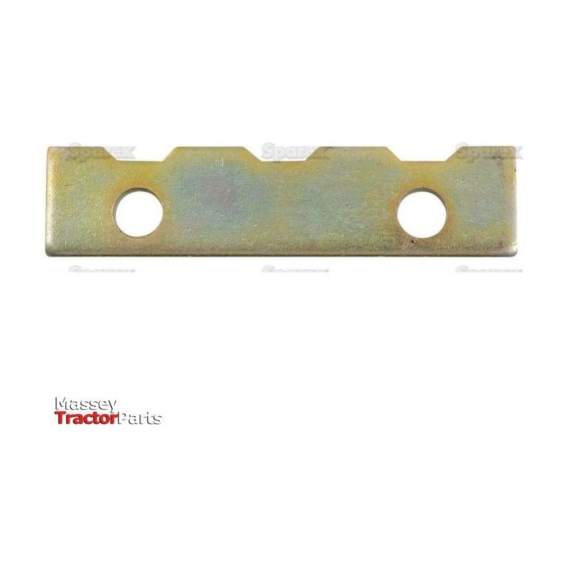 A rectangular metal plate with two round holes and three notches along the top edge, featuring the text "Massey Tractor Parts" and "Sparex". This item is known as the Gear Shift Stop Plate, Sparex Part No.S.73629.