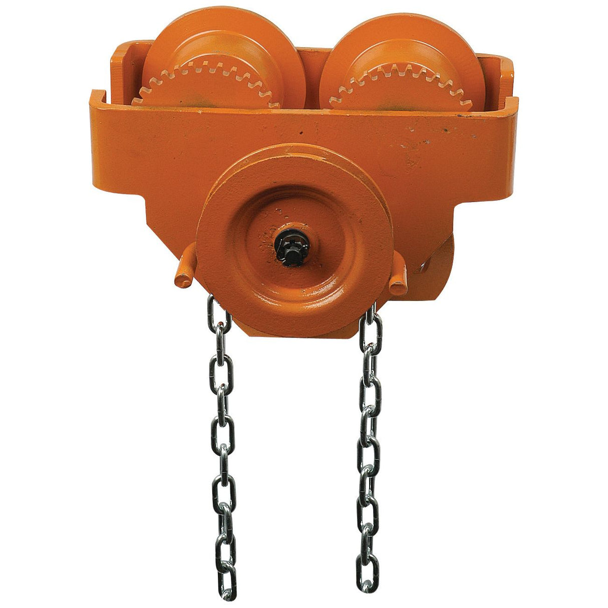 The Geared Chain Trolley by Sparex (Part No. S.21619) is an orange manual chain hoist equipped with two gears and a central wheel, featuring two hanging chains and designed to handle a safe working load of 2 tons, making it ideal for heavy-duty tasks.