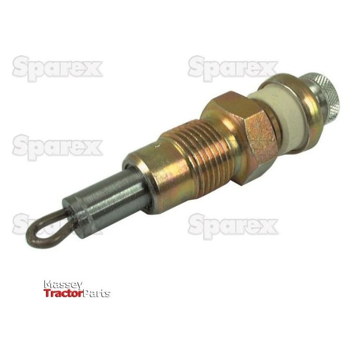 Introducing the Glow Plug - S.57699 by Sparex, a high-quality metallic injector heater plug designed for Massey tractors. It features a threaded body and cylindrical metal tip, ensuring efficient heating performance with an optimal probe length. The background showcases "Sparex" and "Massey Tractor Parts.