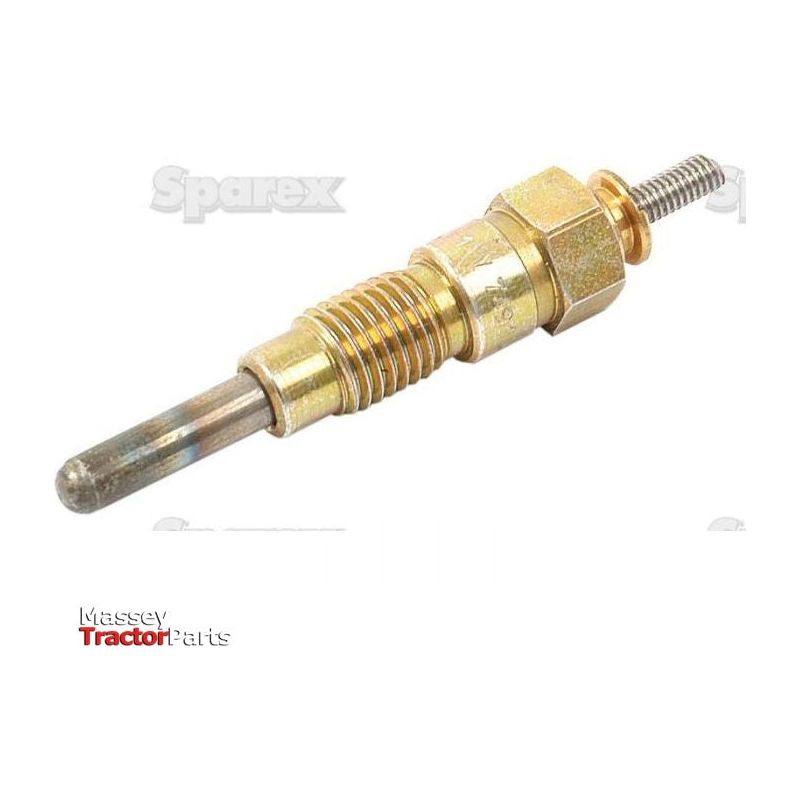 Close-up of the Glow Plug - S.70576 by Sparex used in diesel engines. The metallic part features a threaded section, a heating element, and electrical connectors. Details like thread size and overall length are essential specifications. The words "Spares" and "Massey" are faintly visible in the background.