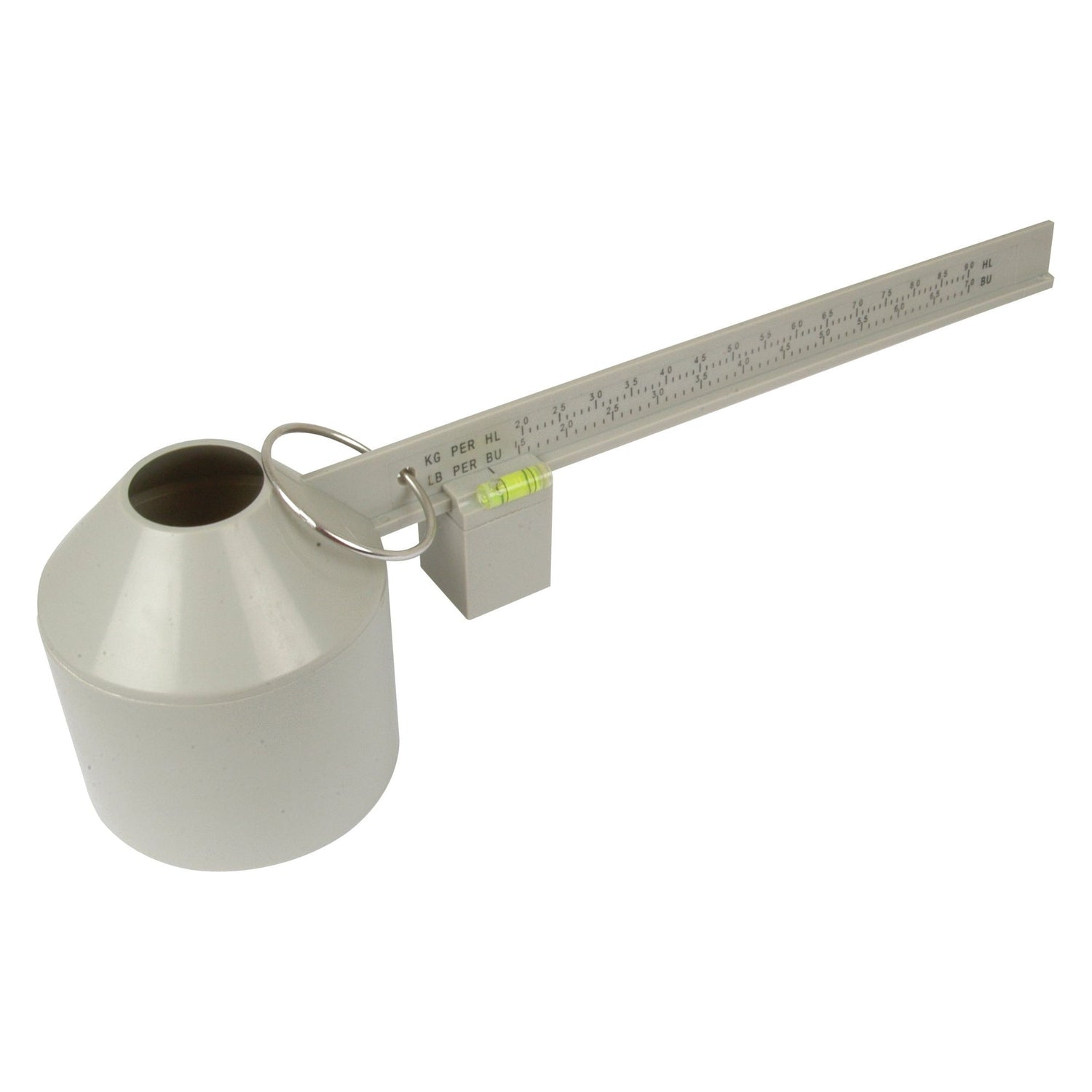 An image showcasing a foam meter, commonly referred to as a beer foam scale, which is utilized for assessing the density of foam in beer. This device features a cylindrical container and a ruler with a built-in level indicator, akin to the Grain Moisture Tester and Scale Kit - S.24640 offered by Sparex that is used in brewing processes.
