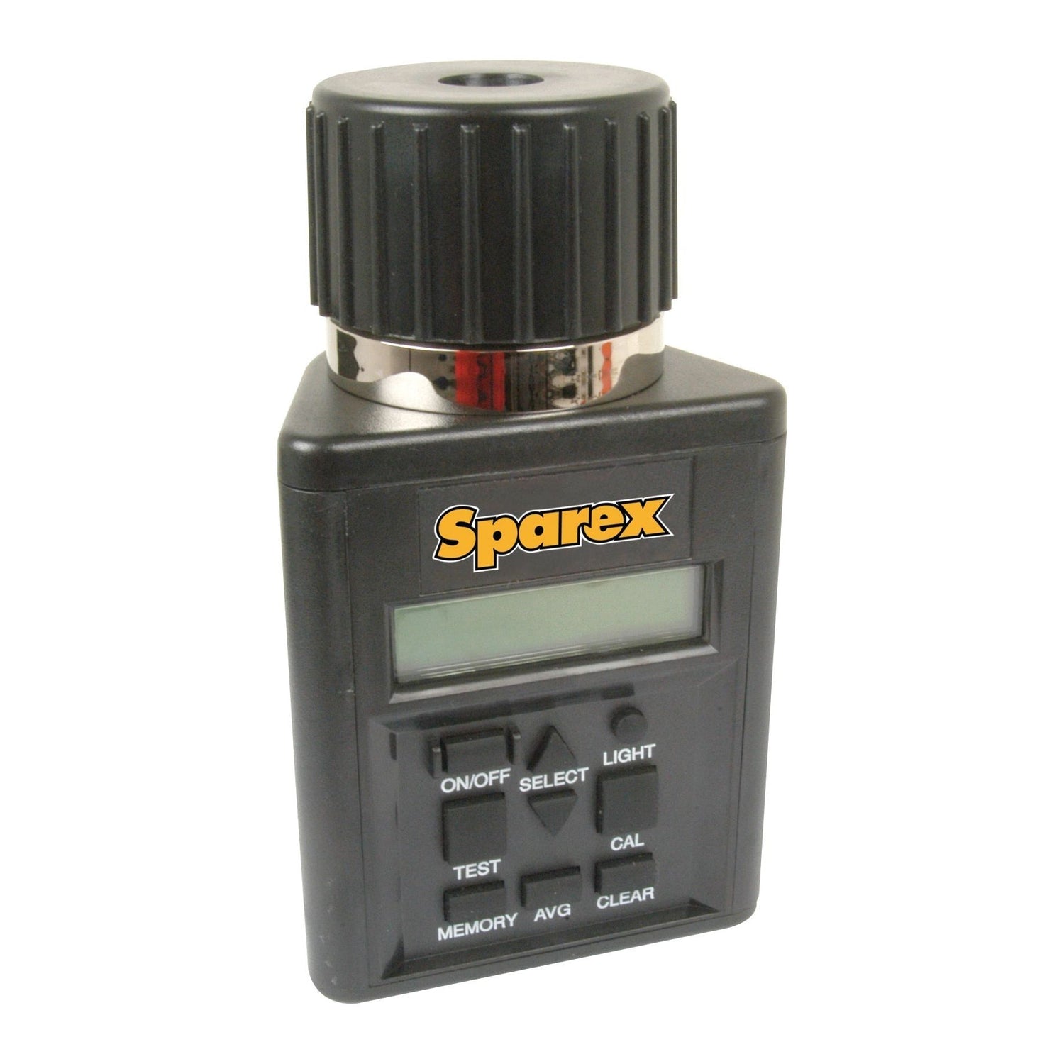 A Grain Moisture Tester and Scale Kit - S.24640 by Sparex, featuring a streamlined black and silver design with a digital display screen and control buttons, resembles an ignition timing light device. The brand name "Sparex" is prominently printed in yellow on the front, lending it a professional appearance.
