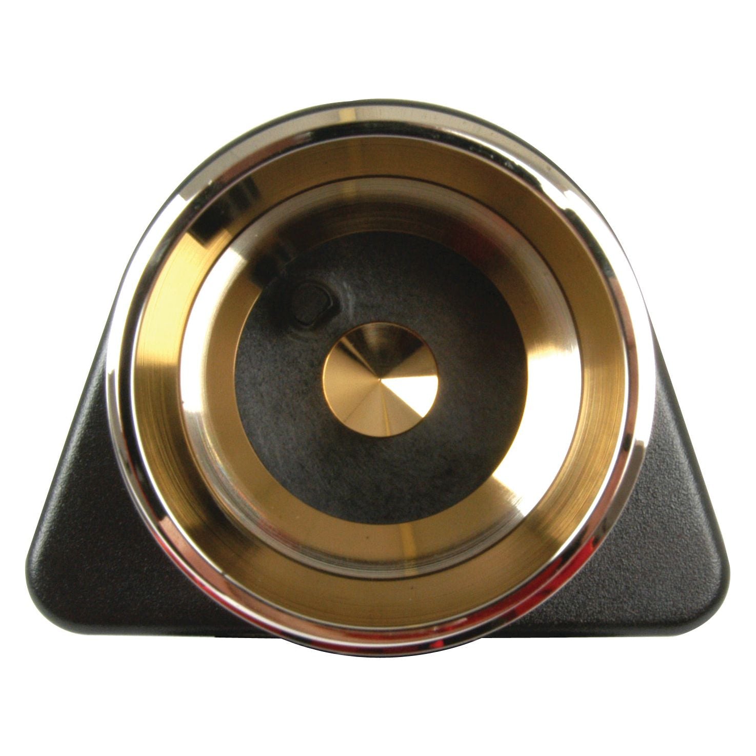 A close-up view of the Sparex Grain Moisture Tester and Scale Kit - S.24640, featuring a gold and black electrical component with a circular design and a triangular base, reminiscent of precision devices like a grain weight scale.