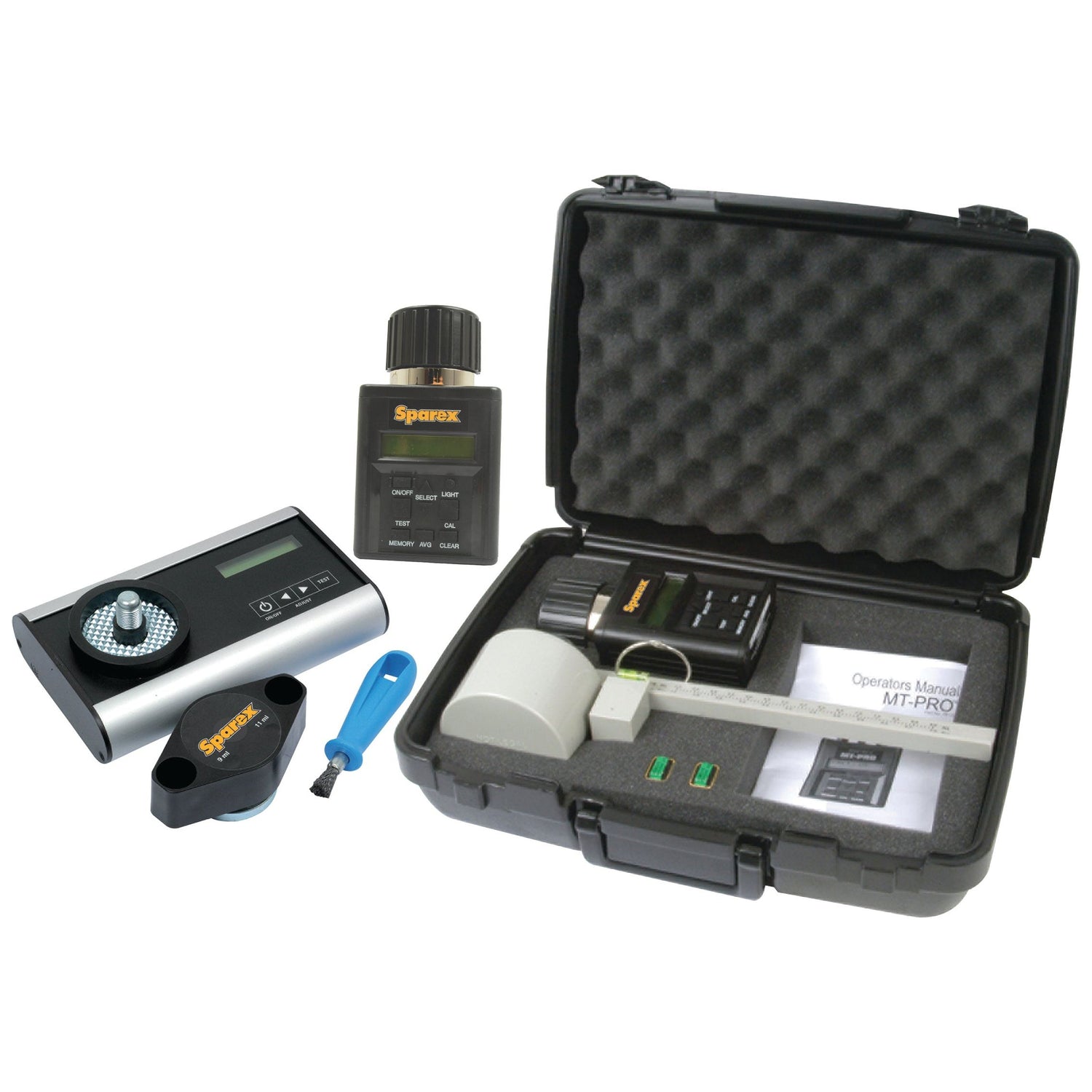 The Grain Moisture Tester and Scale Kit - S.24640 by Sparex includes a digital display device, a Grain Moisture Tester, a handheld unit, a blue-handled screwdriver, a small black attachment, and an instruction manual inside a black protective case.
