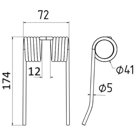 Technical drawing of a Pick-Up Tine, compatible with Ford / New Holland 84012422. The total height is 143 mm, width is 72 mm, coil diameter is 41 mm, and wire diameter is 5 mm. Coil section height measures 12 mm. Product Name: Replacement for New Holland, Hesston to fit as Sparex Part No.S.22955.