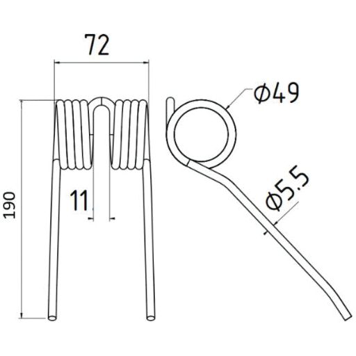 Technical drawing of a Pick-Up Tine with dimensions labeled: height 190mm, smaller central coil length of 72mm, diameter of 4.9mm, and rod diameter of 5.5mm. This precision detail is essential for Massey Ferguson machinery assembly and corresponds to Sparex Part No. S.22954 (Replacement for Hesston).
