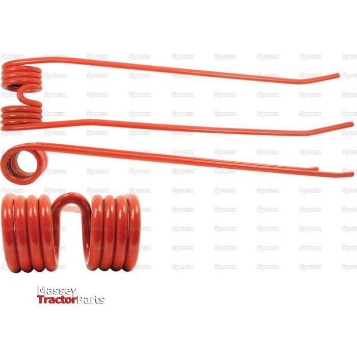 Three red metal torsion springs of varying sizes and configurations are displayed against a white background with a faint watermark pattern. The largest spring, the Sparex Swather/Tedder Tine with an outer diameter of 57mm, is compatible with Fella 491774 and features a length of 554mm, width of 103mm, and wire diameter (Ø) of 9mm.