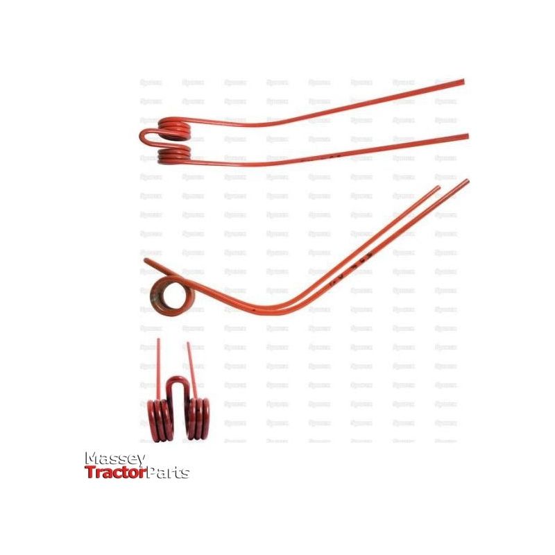 Various angles of red metal Swather/Tedder Tine components from Sparex are displayed against a white background with faint text. The "Massey Tractor Parts" logo appears in the bottom left corner. These parts, measuring 589mm in length, 96mm in width, and Ø10mm in diameter, are compatible with Kverneland and Primary OE Reference specifications (KT6714010094) - Part No.S.72404.
