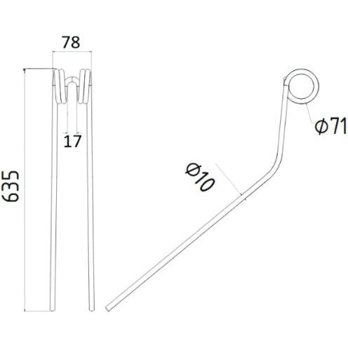Technical drawing of the Sparex Swather/Tedder Tine Replacement for Krone (Part No.S.72461), displaying dimensions: 635mm height, 78mm top width, Outer Ø71mm arc diameter, 17mm gap, and a Ø10mm rod diameter.