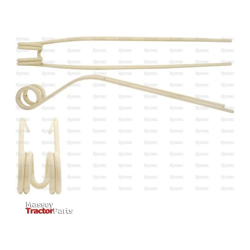 Image of Sparex swather/tedder tines, including springs and rods, against a white background. Featured are items compatible with Krone SWADRO, specifically the 635mm length, 78mm width, Ø10mm replacement tines for part number 2684050 (Sparex Part No.S.72461).