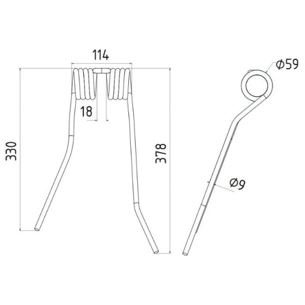 Tedder haytine - LH -  Length:378mm, Width:114mm,⌀9mm - Replacement for PZ, Fransgard, Pottinger, Sitrex
 - S.78151 - Massey Tractor Parts