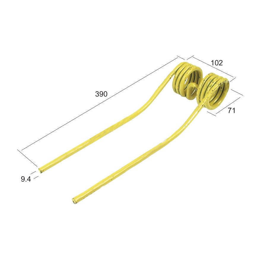 This high-quality Tedder haytine, produced by Sparex, features a yellow metal coil with two spirals and extending rods. Dimensions are as follows: length 390 mm, width 102 mm, spiral diameter 71 mm, and rod diameter 9.4 mm. It is compatible with Agram FC500 series and Grange & Walter machinery. The primary OE reference number for this part is 821039 (Sparex Part No.S.21314).