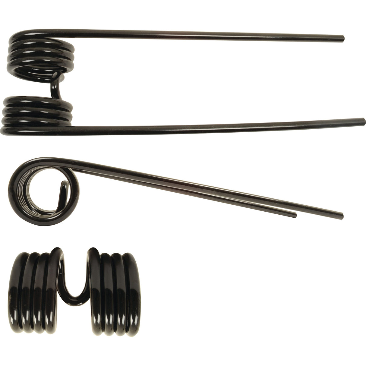 Three black Tedder haytines, each with distinct coil sizes and arm lengths, including one with an outer diameter of 70mm Ø9.5 mm, laid out on a white background.
