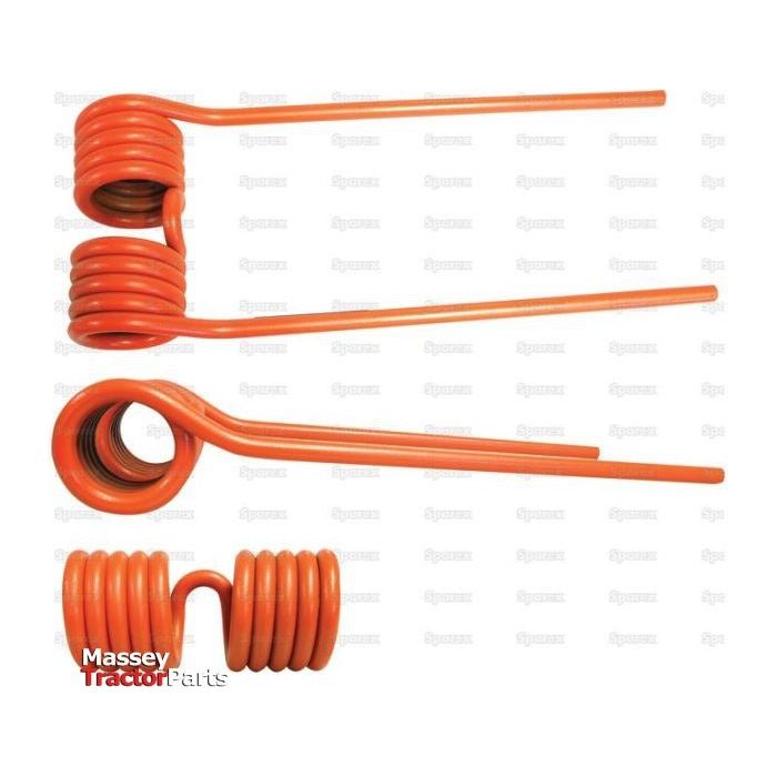 Four orange coiled metal springs in various designs and sizes, displayed against a white background with the "Sparex" logo alongside "Massey Tractor Parts," featuring the Tedder haytine (RH & LH) for Claas VOLTO parts. This product aligns with OE Reference 9569070 and is identified as Sparex Part No.S.22838, making it an ideal replacement for Claas, Bautz machinery.
