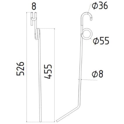 Technical drawing of a Sparex Grass & Weeder Tine - RH & LH replacement for Einbock, featuring a length of 526mm, width of 42mm, and an 8mm diameter in various sections. The diagram also includes labeled dimensions for critical points. Product fits model: 15099 | Sparex Part No. S.78060.
