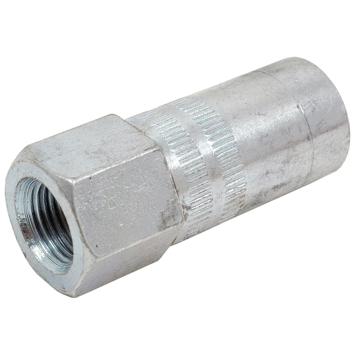 The Grease Gun Coupler 1/8'' BSP - 3 Jaw by Sparex, identified as Sparex Part No. S.805, is a metallic cylindrical connector with a threaded opening on one end and a plain end on the other, compatible with a 1/8 BSP fitting and suitable for mechanical or plumbing purposes.