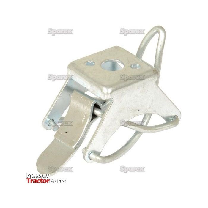 This Grease Gun Holder from Sparex (Part No. S.4258) is a metal mechanical component equipped with mounts and a lever, commonly used in agricultural machinery. It features the "Spartex" and "Massey Tractor Parts" branding and serves as an alternative to part number 10282.